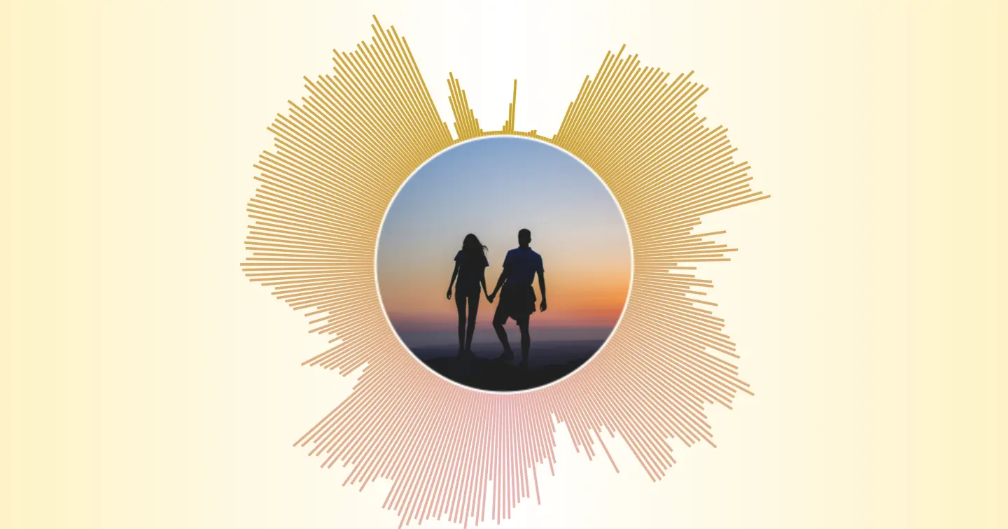 Circle sound wave with a portrait photo in the center, displayed as wall art