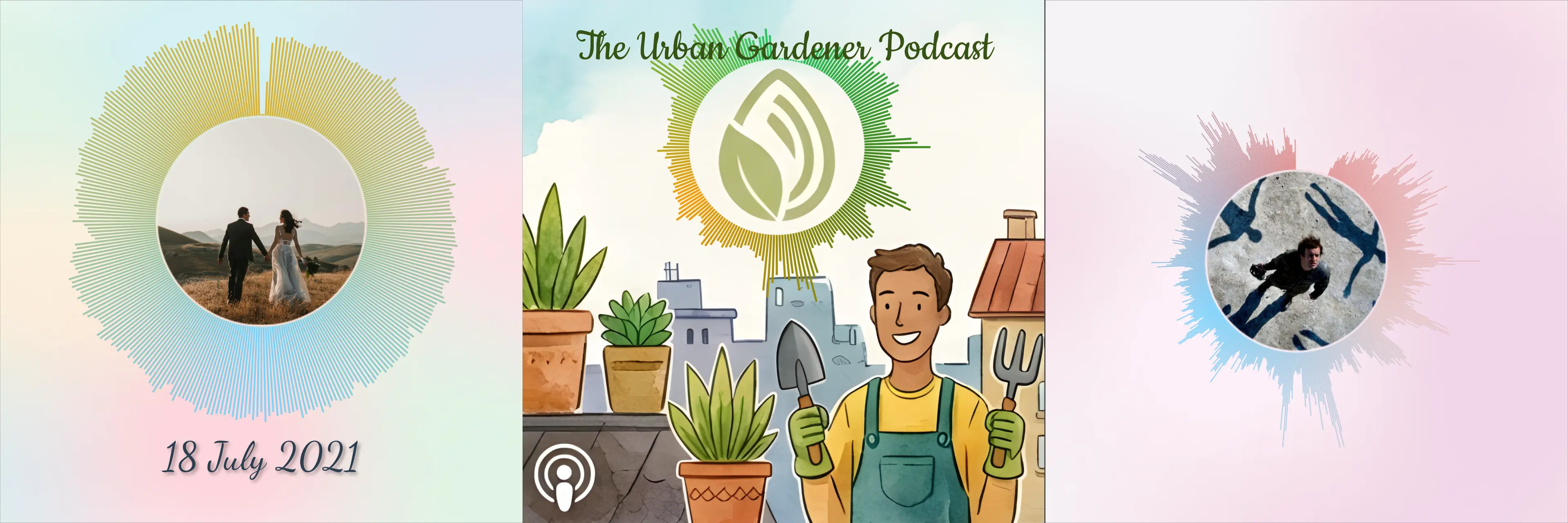 Three examples side by side: album artwork, wedding portrait, and podcast logo, each using the circle sound wave center photo feature