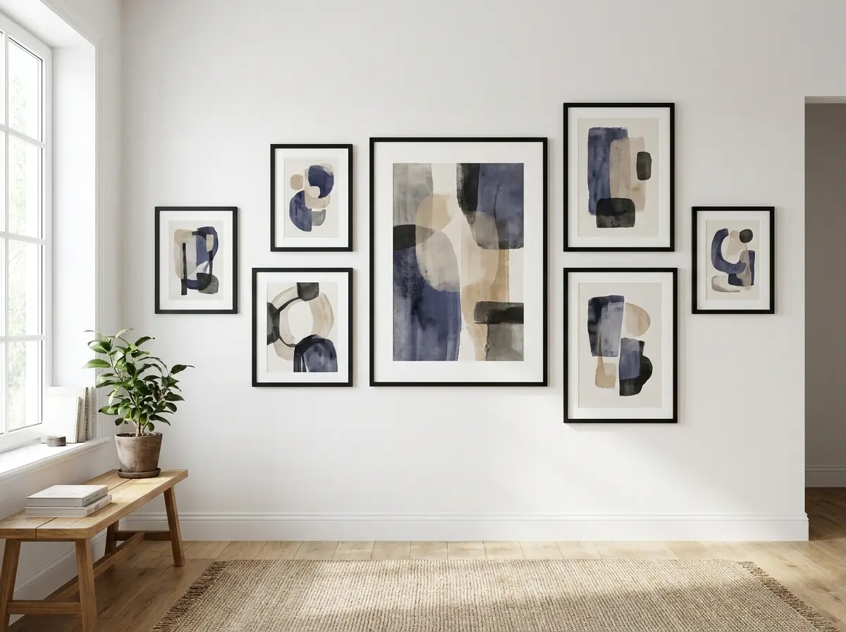 A curated gallery wall with framed art prints in black frames arranged on a white wall