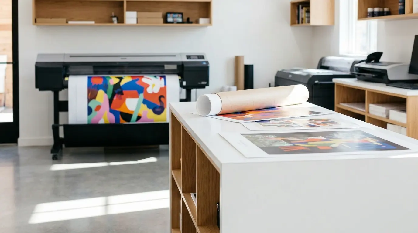 Inside a professional print shop with large format printer and art prints laid out