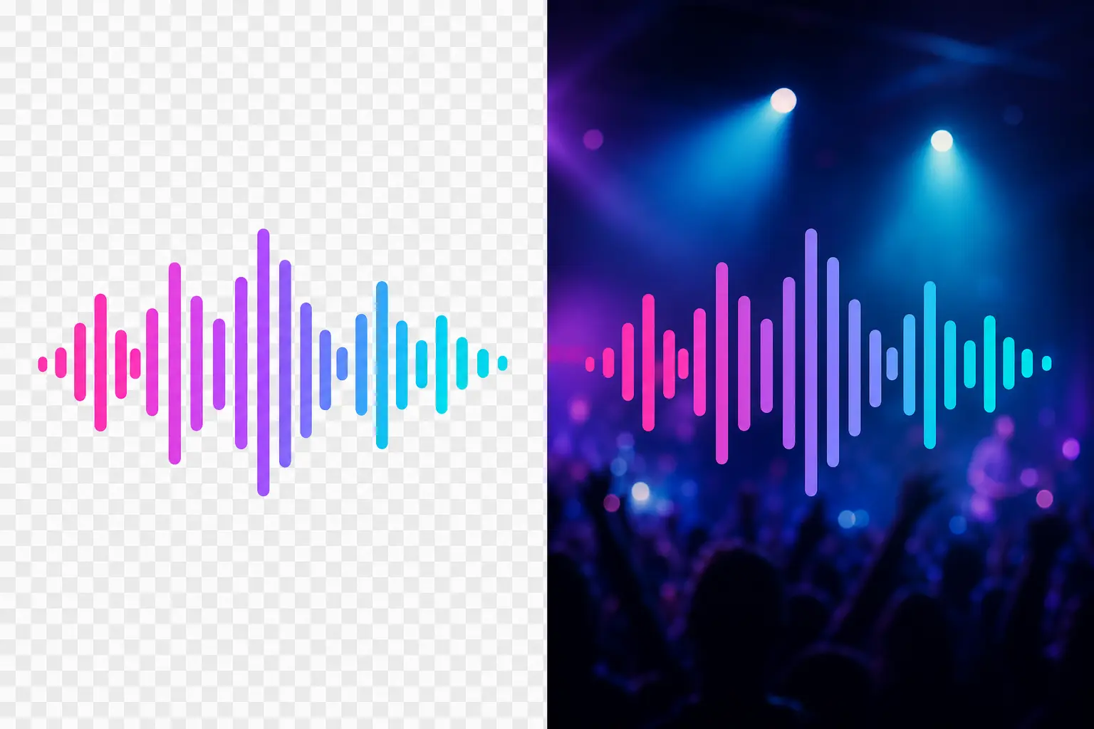Split-frame hero: waveform on transparency checkerboard beside the same waveform layered over blurred concert footage