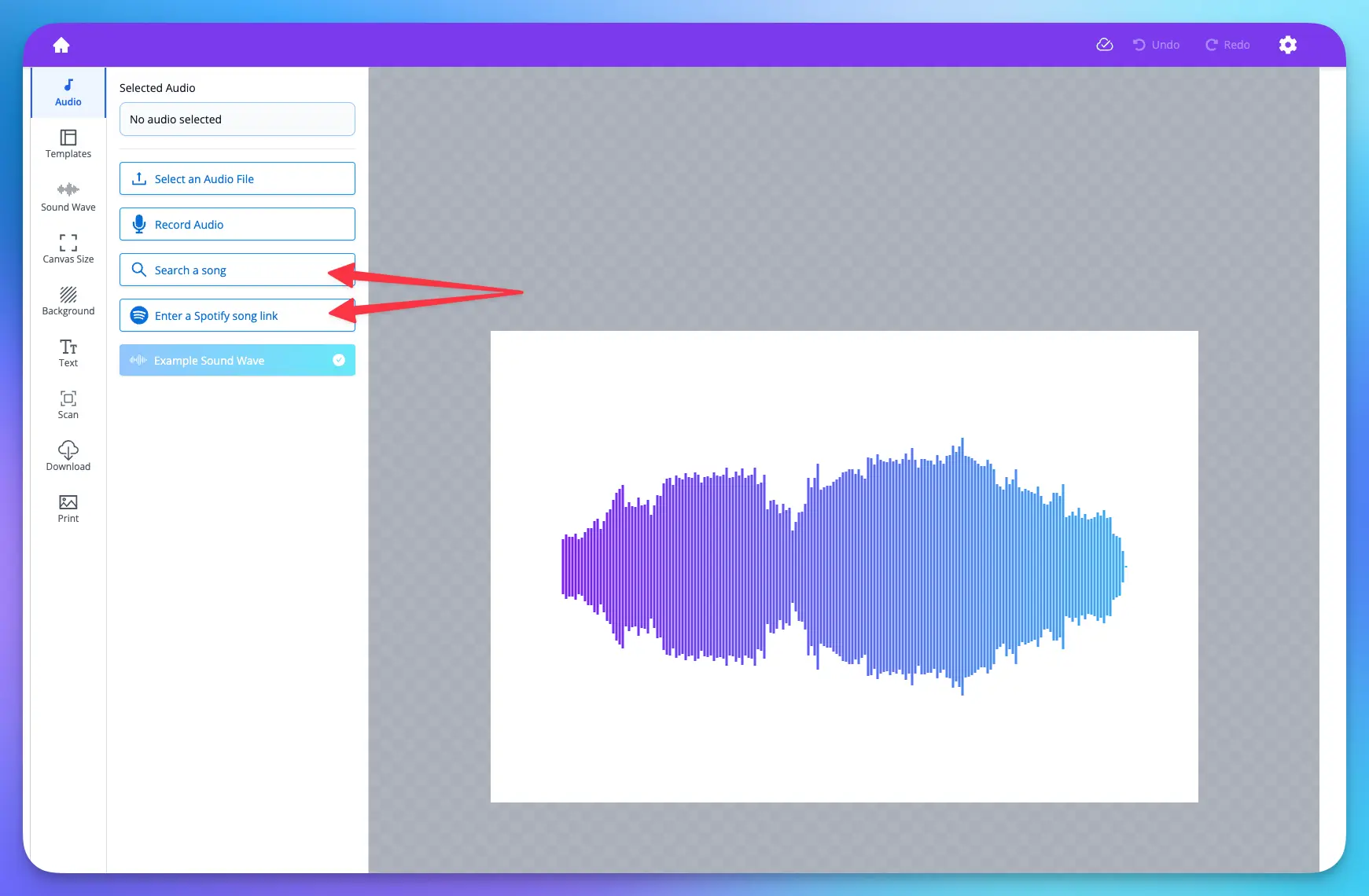 WaveVisual editor interface showing audio selection options